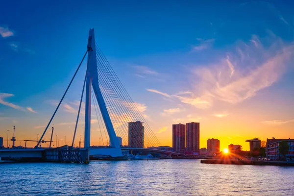 Most Erazma na zachód słońca, Rotterdam, Holandia — Zdjęcie stockowe