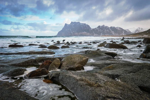 Plaj Norveç Denizi fiyort kar ile kışın buzlu. Utakliev beach, Lofoten Adaları, Norveç
