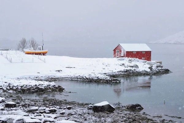 Červený rorbu dům v zimě, Lofoten ostrovy, Norsko — Stock fotografie