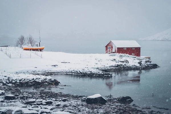 Rotes rorbu Haus im Winter auf den Lofoten, Norwegen — Stockfoto