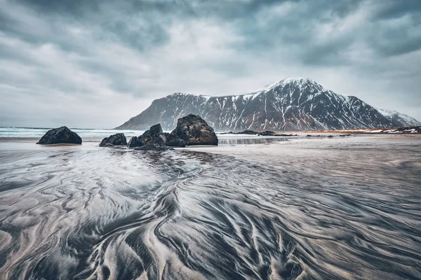 Plaj Norveç Denizi Fiyort Kar Ile Kışın Buzlu Skagsanden Beach — Stok fotoğraf