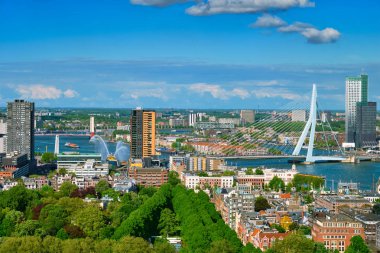 Rotterdam şehir ve Euromast Nieuwe Maas nehri üzerinde Erasmus Köprüsü köprü görünümü