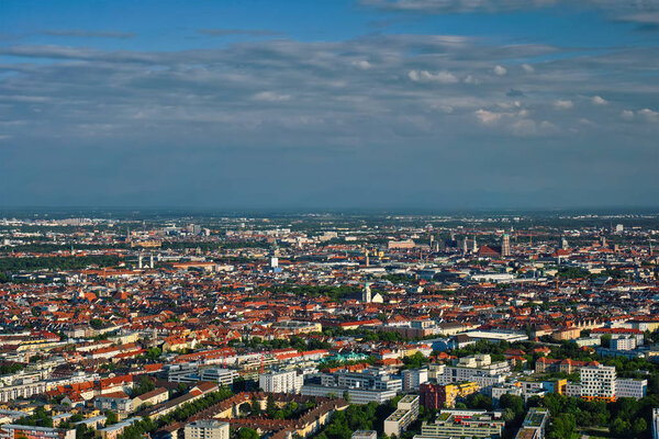 Aerial view of Munich center from Olympiaturm Olympic Tower. Munich, Bavaria, Germany