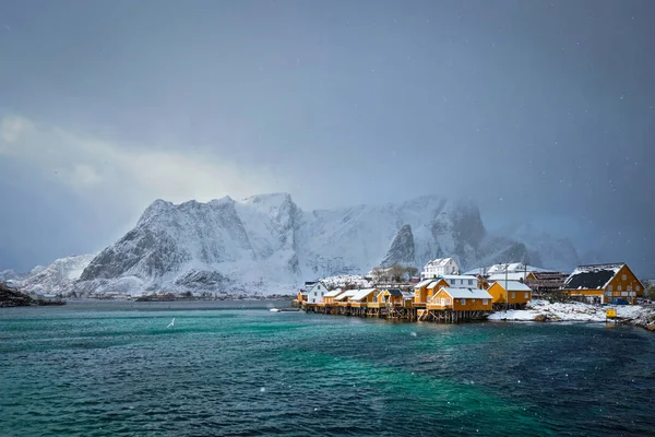 Žluté rorbu domy, Lofoten ostrovy, Norsko — Stock fotografie