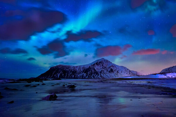 Aurora borealis northern lights. Lofoten islands, Norway