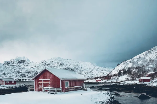 Red rorbu huis in de winter, Lofoten eilanden, Noorwegen — Stockfoto