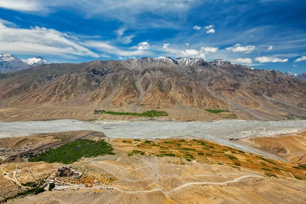 Aerial view of Spiti valley and Key gompa in Himalayas — Stock Photo, Image