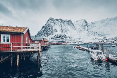 Geleneksel kırmızı rorbu evler Reine, Norveç