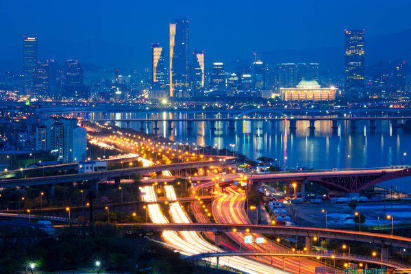 Seoul cityscape in twilight, South Korea.
