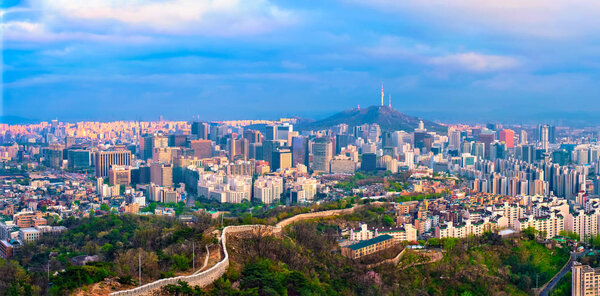 Panorama of Seoul skyline on sunset, South Korea.