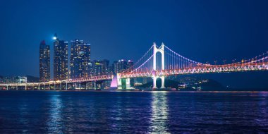 Gwangan Köprüsü ve gece gökdelenleri. Busan, Güney Kore