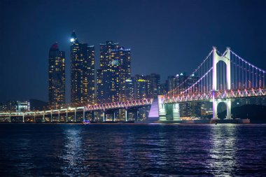 Gwangan Köprüsü ve gece gökdelenleri. Busan, Güney Kore