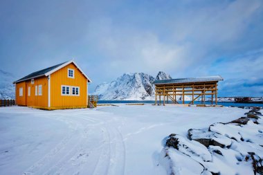 Rorbu evi ve balık morina balığı için kışın kuru gevrek. Lofoten Adaları, Norveç