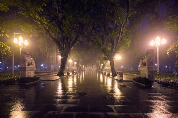 Guangzhou Peoples Park avec brouillard la nuit, Chine — Photo