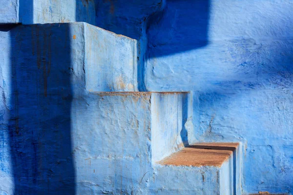 Stairs of blue painted house in Jodhpur, Blue City around Mehrangarh Fort. Jodphur, Rajasthan