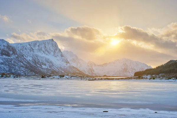 Norwegian fjord in winter on sunset — Stockfoto