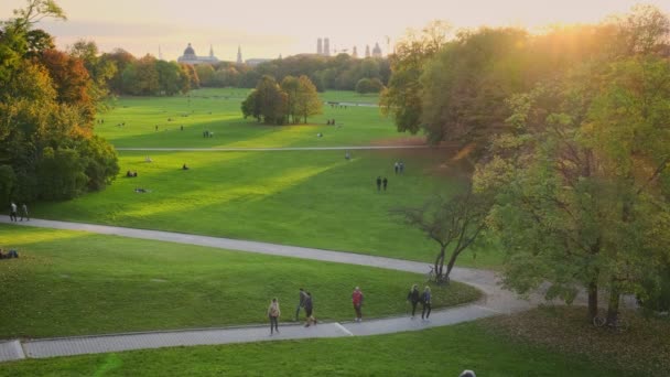 Goldener Herbstherbst Berühmten Münchner Erholungsort Englischgarten Englischer Garten Mit Abgefallenen — Stockvideo