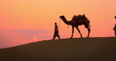 Gün batımında Thar Çölü 'nün kum tepelerindeki deve siluetleriyle Hintli kambur (deve sürücüsü). Rajasthan 'daki karavan turizm arka planında safari macerası. Jaisalmer, Rajasthan, Hindistan
