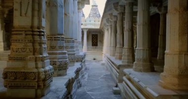 Ranakpur Jain tapınağı ya da Chaturmukha Dharana Vihara sütunları. Mermer, eski ortaçağ oyma heykelleri. Kutsal dini mekan jainizme tapıyor. Ranakpur, Rajasthan. Hindistan
