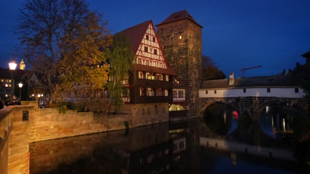 Norymberskie Domy Miejskie Nad Rzeką Pegnitz Maxbrucke Max Bridge Norymberga — Wideo stockowe