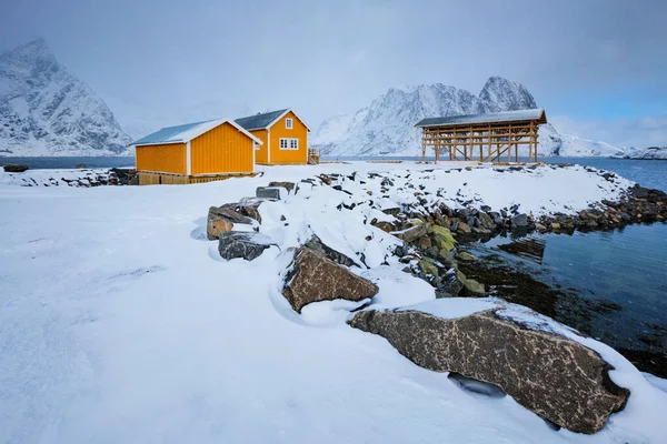 Casa de Rorbu e flocos de secagem para peixes de bacalhau stockfish no inverno. Lofoten Islands, Noruega — Fotografia de Stock