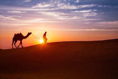 Gün batımında kum tepelerinde deve siluetleriyle Hintli cameleer deve sürücüsü. Jaisalmer, Rajasthan, Hindistan