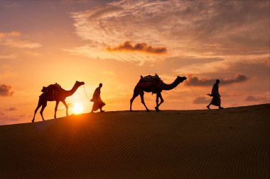 Hintli cameleers deve sürücüsü gün batımında kum tepelerinde deve siluetleriyle. Jaisalmer, Rajasthan, Hindistan