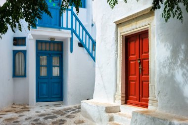 Yunanistan 'ın Mykonos Adası' ndaki Yunan Mykonos Caddesi