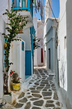 Yunanistan 'ın Mykonos Adası' ndaki Yunan Mykonos Caddesi