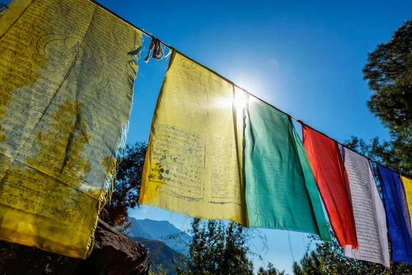 Banderas de oración del budismo tibetano con mantra budista en él en el templo del monasterio de Dharamshala. India — Foto de Stock