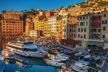 Camogli kasabasının panoramik manzarası, İtalya.