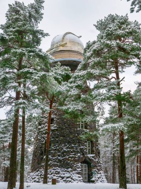 Glen parkındaki eski gözlemevi kulesi. Tallinn, Estonya. Kış mevsimi manzarası.