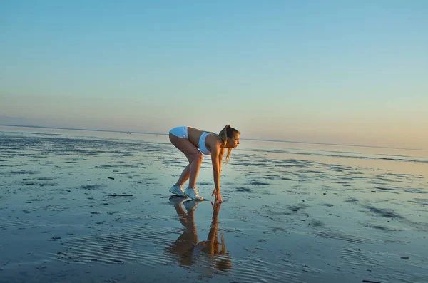 Silhouette flexible gymnastics girl on the shore of Sea during twilight.