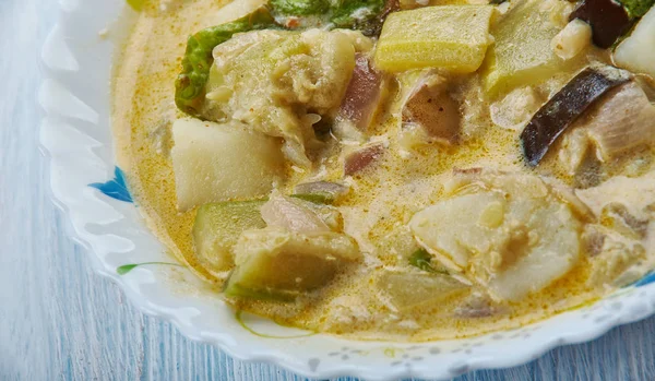 soya chunks vegetable kurma, mixed vegetables in a coconut based curry.
