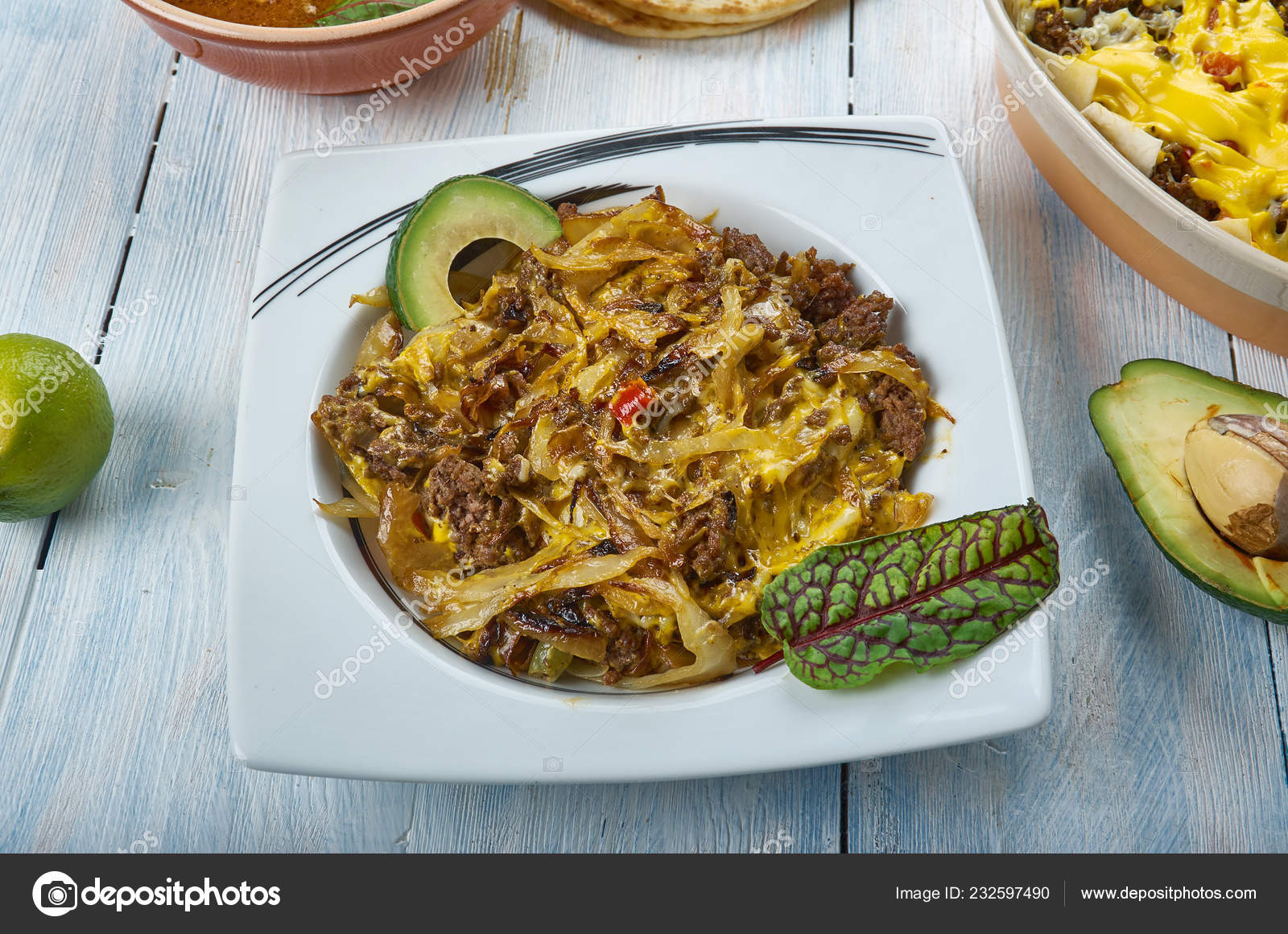 Tex Mex Cabbage Beef Skillet Opped Spicy Mexican Cheese Blend Stock Photo Image By C Fanfon 232597490