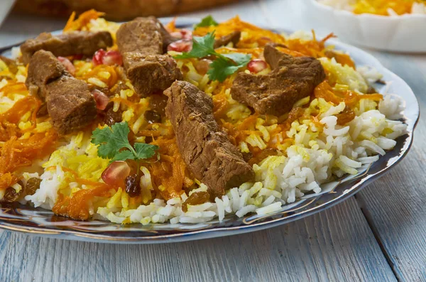 Afghani Pulao, Afghani uisine, central Asia Traditional assorted dishes, Top view.