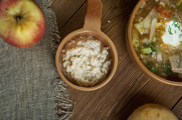 Horseradish seasoning, Russian traditional soups , assorted dishes, Top view. — Stock Image Horseradish Seasoning Russian Traditional Soups Assorted Dishes Top View Royalty Free Stock Photos