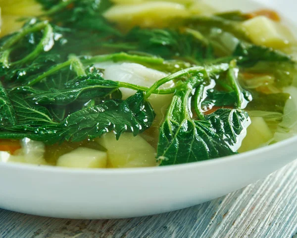 Spring vegetable soup nettle with egg — Stock Image Spring vegetable soup nettle with egg Royalty Free Stock Photos