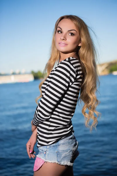 Portrait Beautiful Blonde Posing Striped Blouse River — Stock Photo, Image