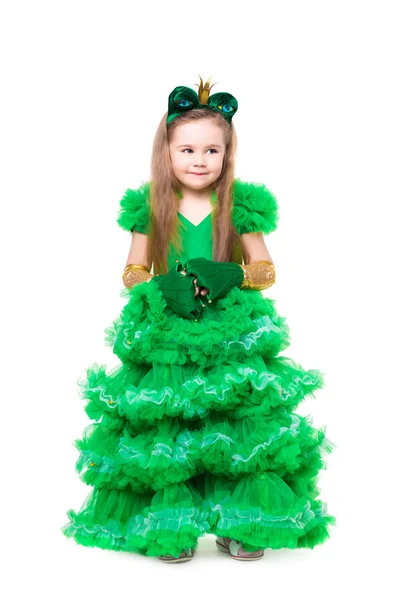 Mooi Meisje Poseren Groene Kikker Pak Geïsoleerd Witte Achtergrond — Stockfoto