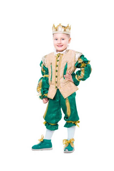 Lüks Kral Poz Tatlı Çocuk Kostüm Izole Üzerinde Beyaz Arka — Stok fotoğraf