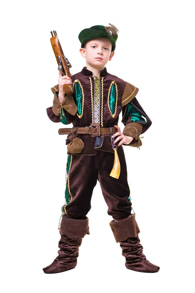 Young Boy Posing Suit Medieval Hunter Isolated White Background — Stock Photo, Image