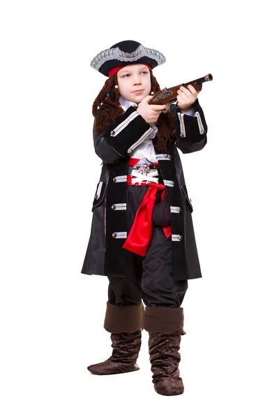 Bom Menino Posando Traje Pirata Com Arma Isolada Fundo Branco — Fotografia de Stock