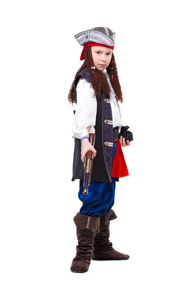 Niño Posando Con Pistola Traje Pirata Medieval —  Fotos de Stock