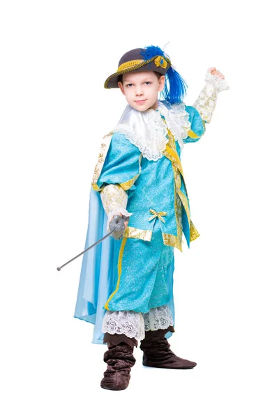 Leuke Jongen Die Zich Voordeed Musketier Kostuum Met Zwaard — Stockfoto