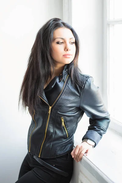 Portrait Thoughtful Brunette Posing Window — Stock Photo, Image