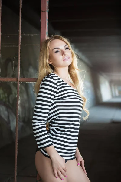 Sexy Young Blond Woman Striped Blouse Posing Iron Fence — Stock Photo, Image