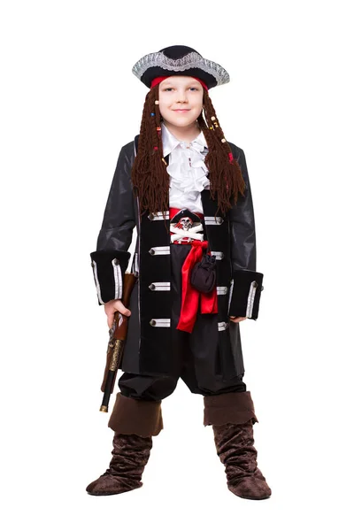 Bom Menino Posando Traje Pirata Com Arma Isolada Fundo Branco — Fotografia de Stock