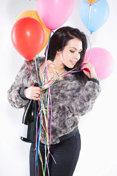 Portrait Smiling Woman Big Bottle Balloons Wearing Furry Jacket — Stock Photo, Image