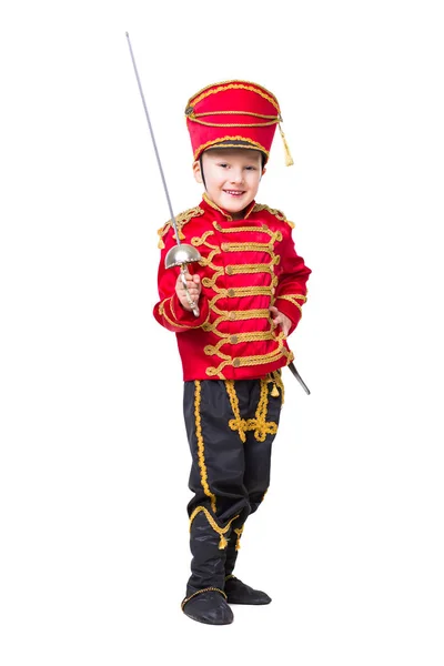 微笑的小男孩穿着像 Hussar 孤立的白色背景 — 图库照片